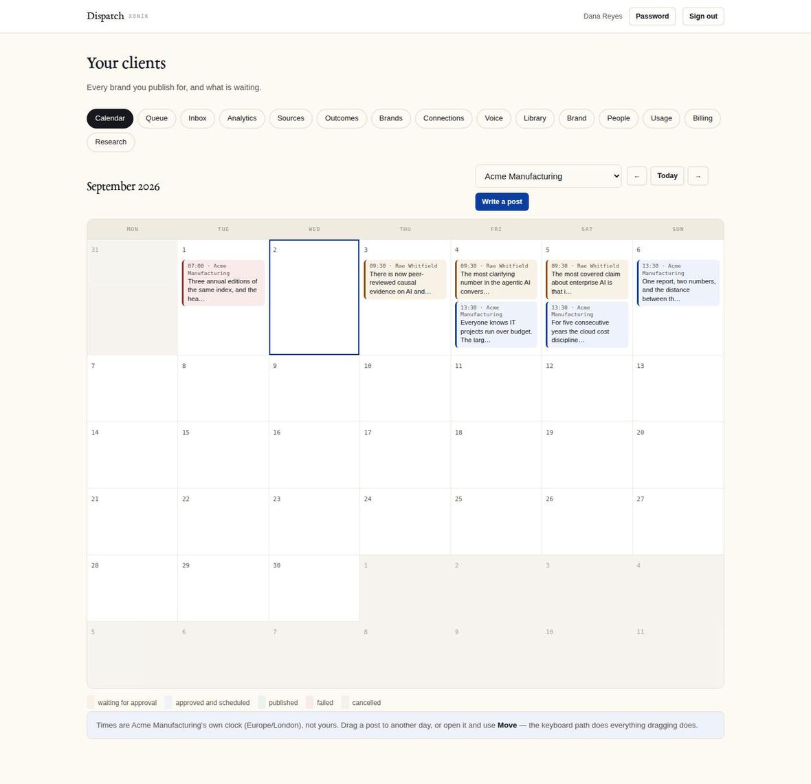 calendar screen of the application