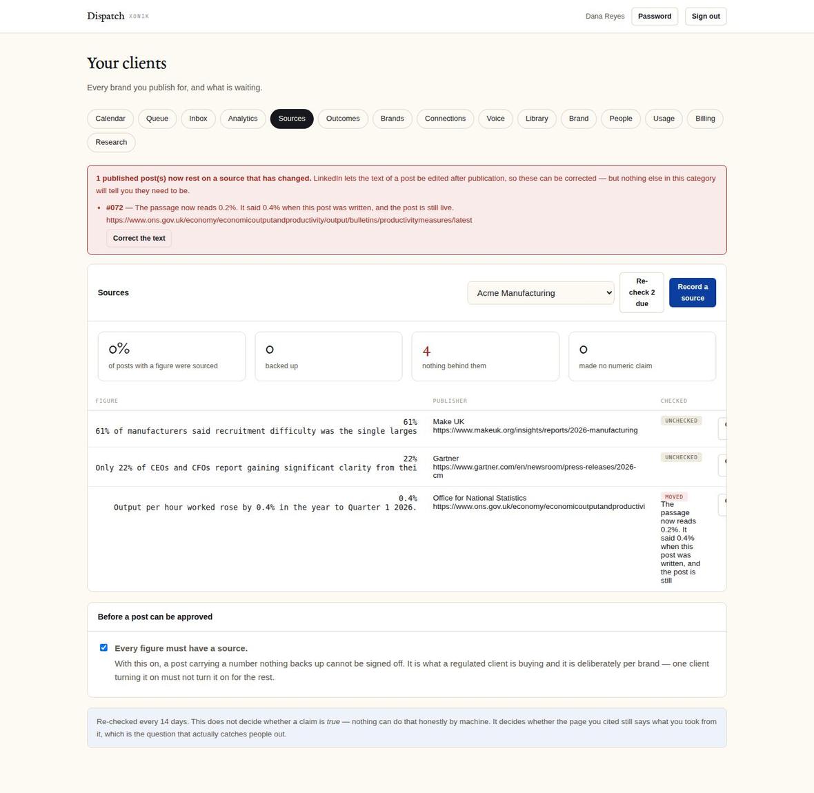 sources screen of the application