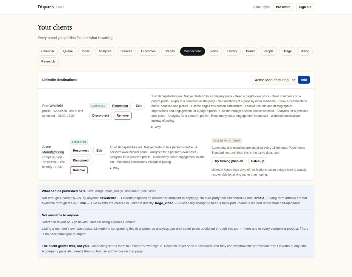 connections screen of the application